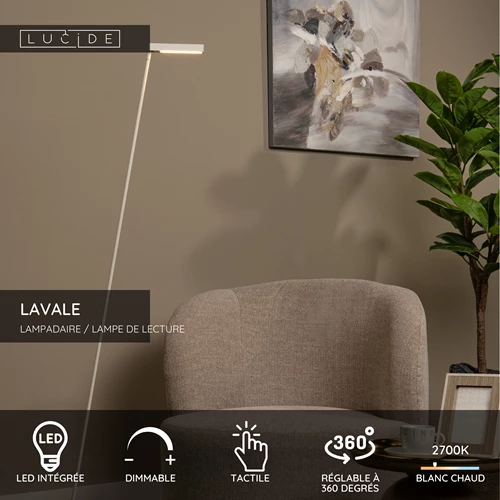 Lucide LAVALE - Lampadaire / lampe de lecture - LED Dim. - 1x3W 2700K - Blanc - USP